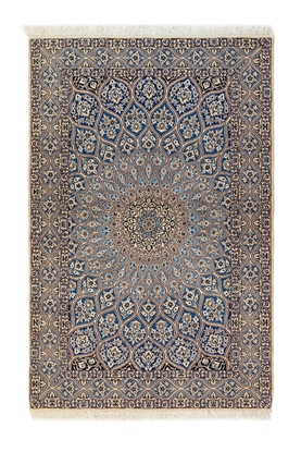 تصویر فرش دستباف ۳متری نایین قالیچه ۹لا پشم و ابریشم طرح گنبدی آبی