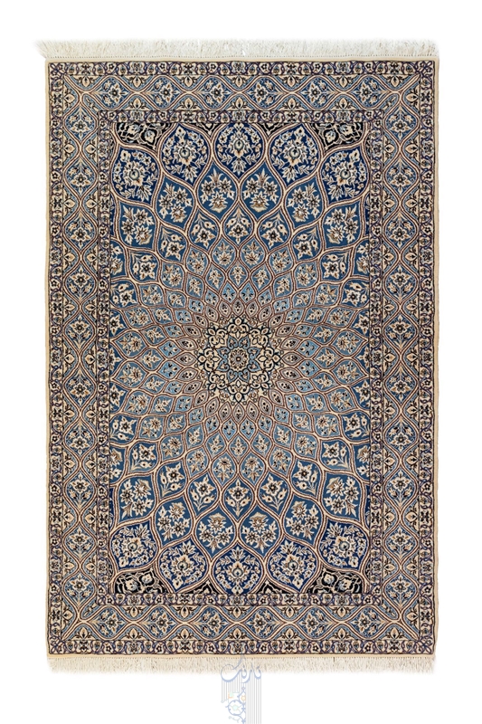 تصویر فرش دستباف ۳متری نایین قالیچه ۹لا پشم و ابریشم طرح گنبدی آبی