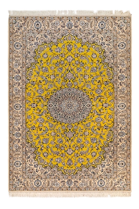 تصویر فرش دستباف نایین 3متری 9لا پشم و ابریشم لچک ترنج طلایی