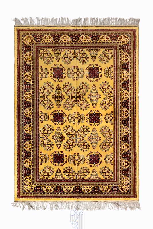 تصویر فرش دستباف ترکمن قالیچه ۳متری ۴۰رج مرینوس طرح بخارایی زرد
