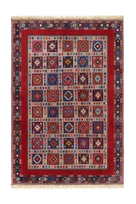 تصویر فرش دستباف عشایری، یلمه، طرح خشتی، ۴متری، کد SAC149