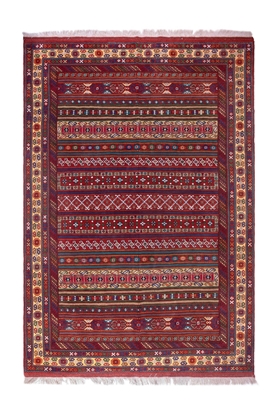 تصویر فرش دستباف ترکمن ۶متری ۴۰رج پشم و ابریشم طرح راه راه محرمات قرمز