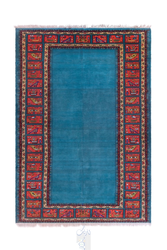 تصویر فرش دستباف ترکمن ۶متری ۴۰رج پشم و ابریشم طرح کف ساده آبی