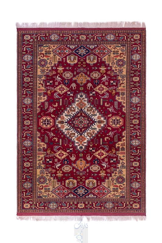 تصویر فرش دستباف ترکمن ۶متری ۴۰رج پشم و ابریشم طرح قشقایی قرمز