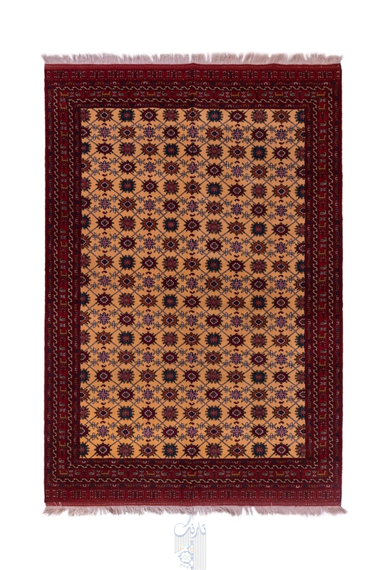 تصویر فرش دستباف ترکمن ۶متری ۴۰رج پشم طرح گل ابریشم مینا خانی قرمز
