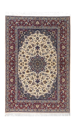 تصویر فرش دستباف اصفهان ۴متری ۶۰رج چله ابریشم لچک ترنج لاکی (فروخته شده)