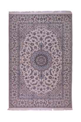 تصویر فرش دستباف نایین ۶ متری ۹لا پشم و ابریشم طرح لچک ترنج کرم