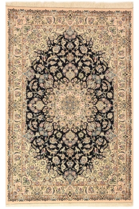 تصویر فرش دستباف نایین پرده ای  ۹لا پشم و ابریشم لچک ترنج سورمه ای