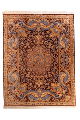 تصویر فرش دستباف اصفهان 12متری 70 رج طرح لچک ترنج انحصاری تمام ابریشم قهوه ای