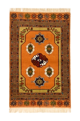 تصویر فرش دستباف ترکمن قالیچه ۳متری ۴۰رج پشم طرح گل ابریشم پرتقالی