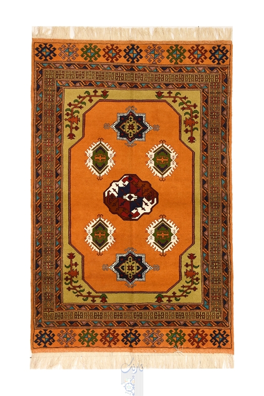 تصویر فرش دستباف ترکمن قالیچه ۳متری ۴۰رج پشم طرح گل ابریشم پرتقالی
