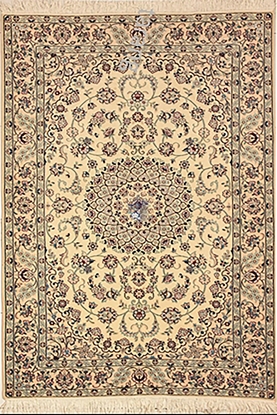 تصویر فرش دستباف نایین قالیچه ۳متری ۹لا پشم و ابریشم لچک ترنج کرم ( فروخته شده )