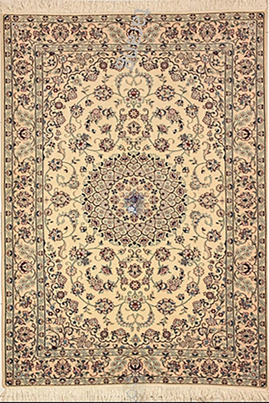 تصویر فرش دستباف نایین ۳ متری ۹لا پشم و ابریشم لچک ترنج کرم ( فروخته شده )