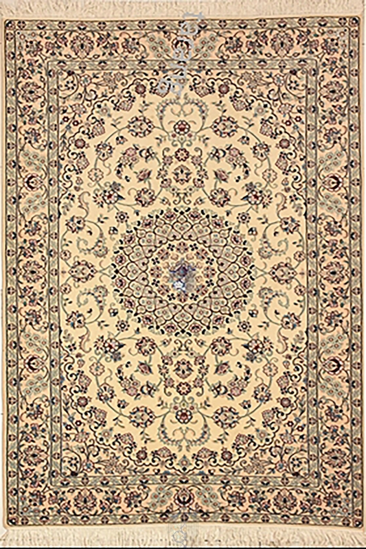 تصویر فرش دستباف نایین قالیچه ۳متری ۹لا پشم و ابریشم لچک ترنج کرم ( فروخته شده )