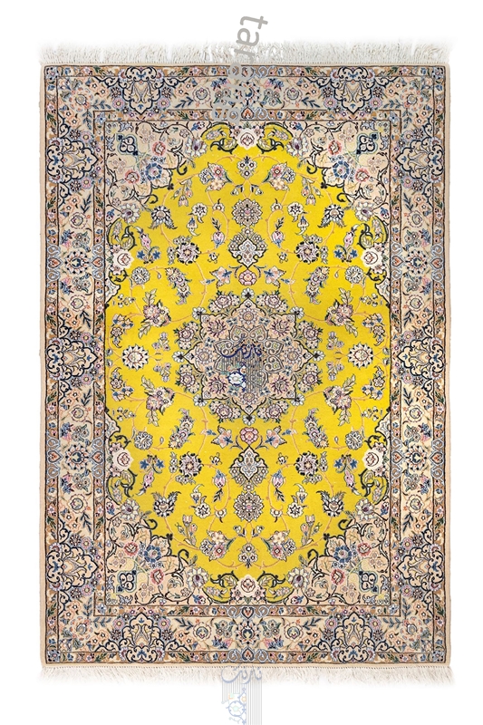 تصویر فرش دستباف 3متری نایین 9لا پشم و ابریشم لچک ترنج زرد