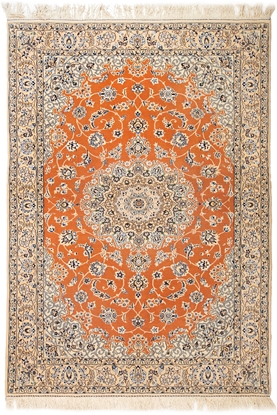 تصویر فرش دستباف نایین 3متری 9لا پشم و ابریشم لچک ترنج پرتقالی