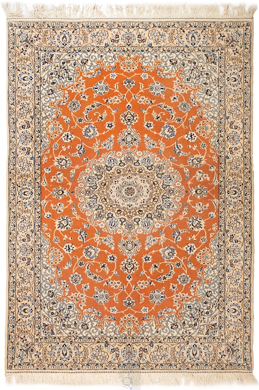 تصویر فرش دستباف نایین 3متری 9لا پشم و ابریشم لچک ترنج پرتقالی