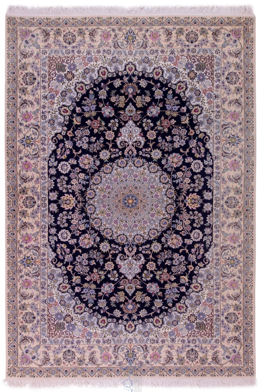 تصویر فرش دستباف نایین ۶ متری ۹لا مرینوس گل ابریشم طرح لچک ترنج