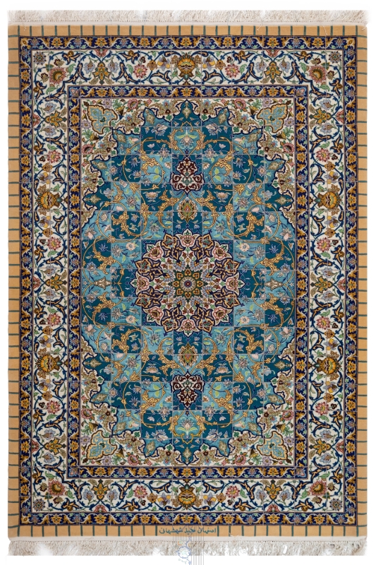 تصویر فرش دستباف اصفهان قالیچه 60رج چله و کف قاب ابریشم تک خفت شهشهانی فیروزه ای (فروخته شد)