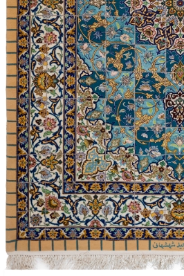 تصویر فرش دستباف اصفهان قالیچه 60رج چله و کف قاب ابریشم تک خفت شهشهانی فیروزه ای (فروخته شد)