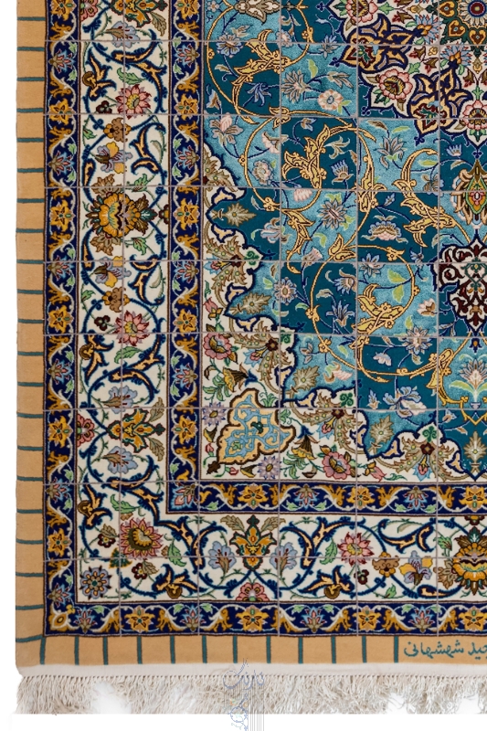 تصویر فرش دستباف اصفهان قالیچه 60رج چله و کف قاب ابریشم تک خفت شهشهانی فیروزه ای (فروخته شد)