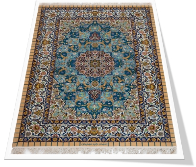تصویر فرش دستباف اصفهان قالیچه 60رج چله و کف قاب ابریشم تک خفت شهشهانی فیروزه ای (فروخته شد)