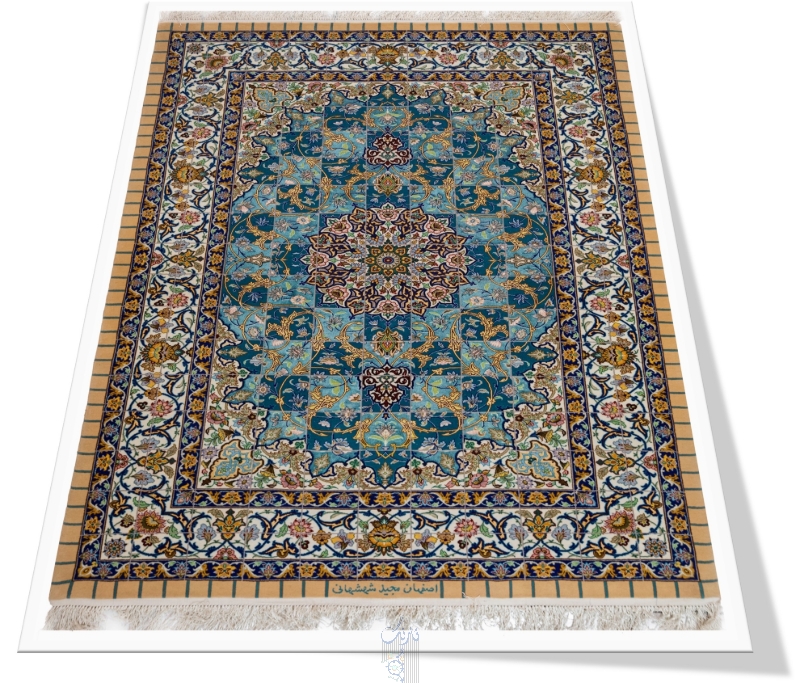 تصویر فرش دستباف اصفهان قالیچه 60رج چله و کف قاب ابریشم تک خفت شهشهانی فیروزه ای (فروخته شد)