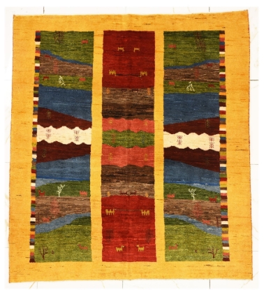 تصویر فرش دستباف گبه ۳ متری ۲۰رج پشم مربع منظره زرد