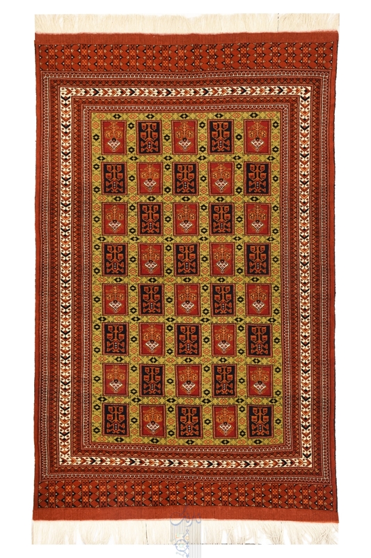 تصویر فرش دستباف ترکمن قالیچه ۳متری ۴۰رج کرک طرح خشتی قرمز