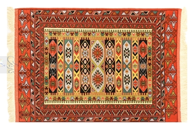 تصویر فرش دستباف ترکمن ذرع و نیم ۴۰رج پشم طرح داغدان پرتقالی