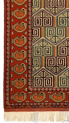 تصویر فرش دستباف ترکمن قالیچه ۳متری ۴۰رج پشم طرح آلاچیق قرمز