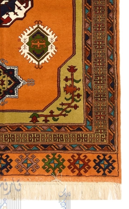تصویر فرش دستباف ترکمن ۳ متری ۴۰رج پشم طرح گل ابریشم پرتقالی