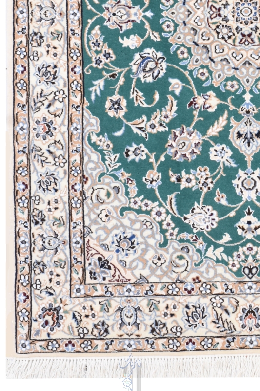 تصویر فرش دستباف نایین ذرع و نیم ۹لا لچک ترنج پشم و ابریشم سبز (فروخته شد)