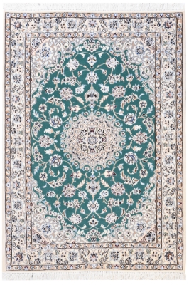 تصویر فرش دستباف نایین ذرع و نیم ۹لا لچک ترنج پشم و ابریشم سبز (فروخته شد)