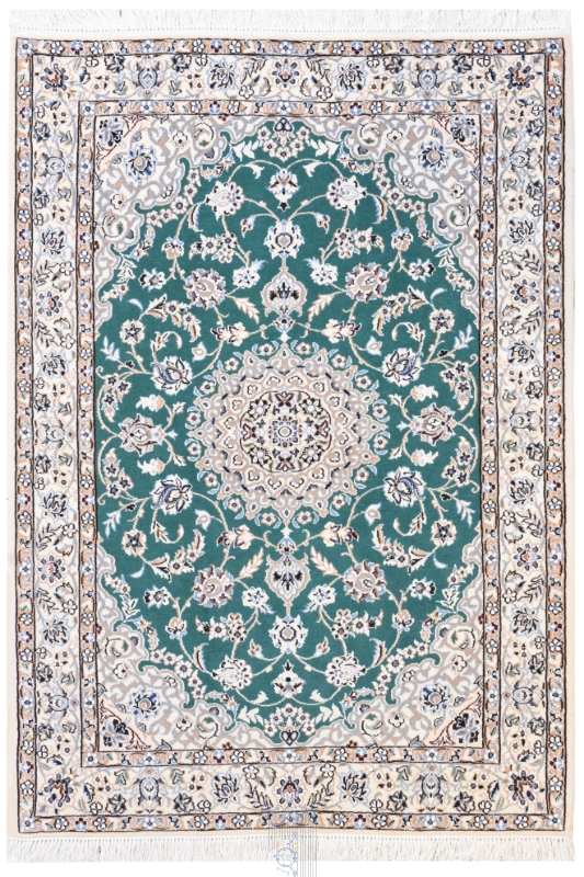 تصویر فرش دستباف نایین ذرع و نیم ۹لا لچک ترنج پشم و ابریشم سبز (فروخته شد)