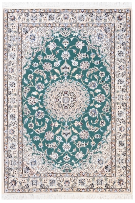 تصویر فرش دستباف نایین ذرع و نیم ۹لا لچک ترنج پشم و ابریشم سبز