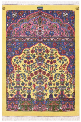 تصویر فرش دستباف کرمان ذرع و نیم  پشم ۱۰۰ جفت طرح محرابی زرد(فروخته شد)