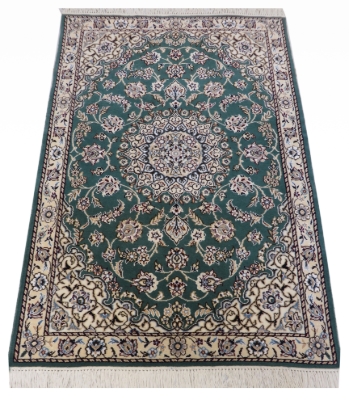 تصویر فرش دستباف نایین ذرع و چارک ۹لا طرح لچک ترنج پشم و ابریشم سبز