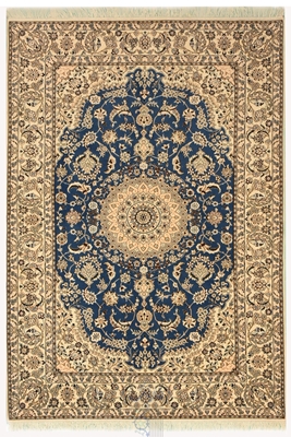 تصویر فرش دستباف پرده ای ۴متری نایین 6لا پشم و ابریشم لچک ترنج آبی