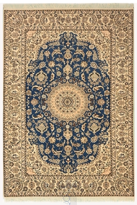 تصویر فرش دستباف پرده ای ۴متری نایین 6لا پشم و ابریشم لچک ترنج آبی
