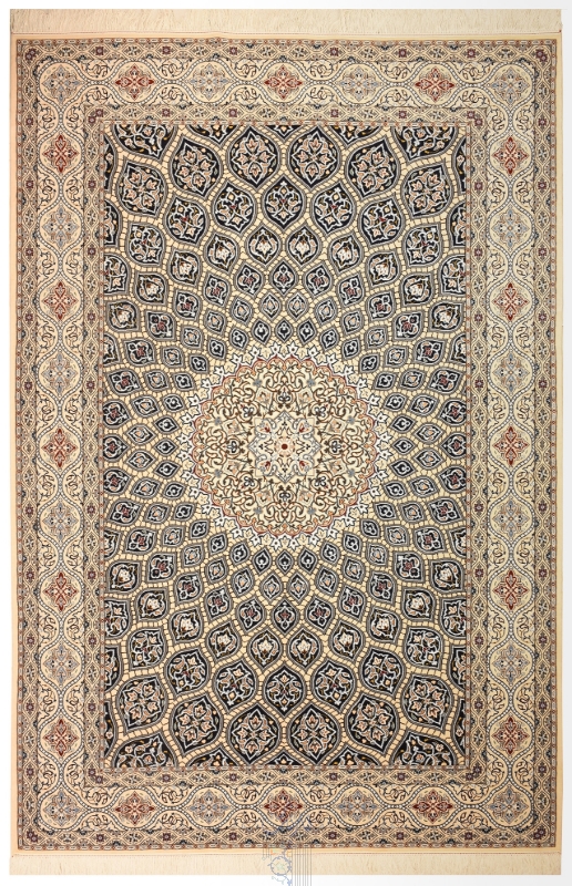 تصویر فرش دستباف نایین ۶ متری ۹لا پشم و ابریشم طرح گنبد سورمه ای