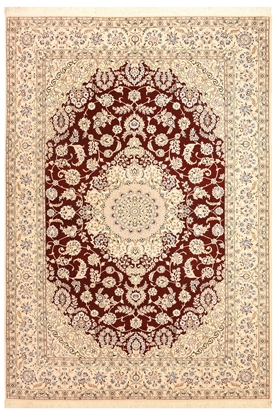 تصویر فرش دستباف نایین ۶متری ۹لا پشم و ابریشم طرح لچک ترنج لاکی