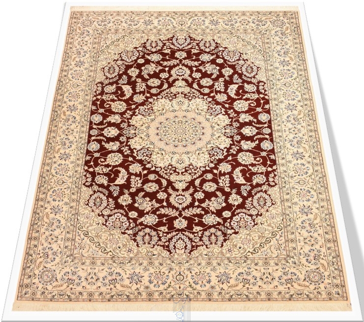 تصویر فرش دستباف نایین ۶ متری ۹لا پشم و ابریشم طرح لچک ترنج لاکی
