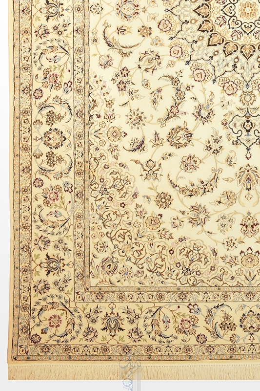تصویر فرش دستباف نایین ۶ متری ۹لا پشم و ابریشم طرح لچک ترنج کرم