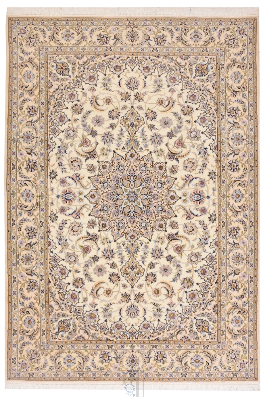 تصویر فرش دستباف نایین ۶ متری ۹لا پشم و ابریشم طرح لچک ترنج کرم