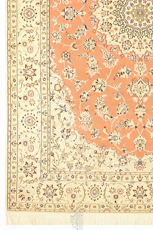 تصویر فرش دستباف نایین ۶ متری ۹لا پشم و ابریشم طرح لچک ترنج مسی