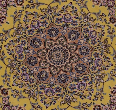 تصویر فرش دستباف نایین دایره ۱/۵ متری ۹لا پشم و ابریشم طرح لچک ترنج زرد