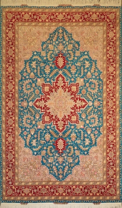 تصویر فرش دستباف تبریز ۶ متری ۵۰ رج کرک و ابریشم طرح هریس فیروزه‌ای جفت