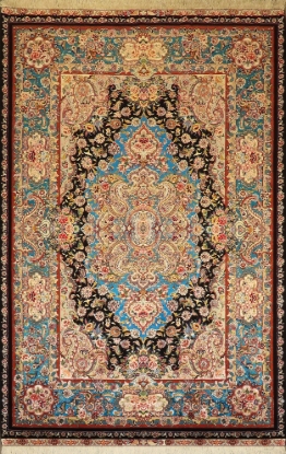 تصویر فرش دستباف تبریز ۶ متری ۵۰ رج کرک و ابریشم طرح سالاری دو متنی مشکی و فیروزه ای