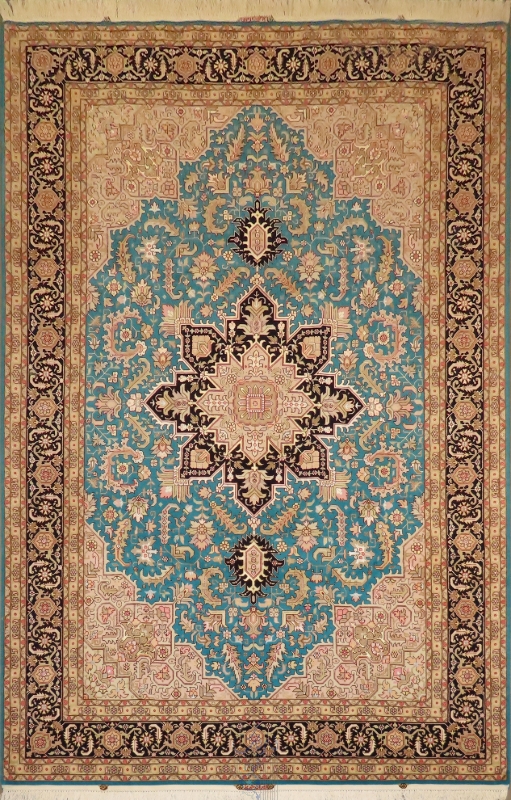 تصویر فرش دستباف هریس تبریز ۶ متری ۵۰ رج کرک و ابریشم هریس فیروزه ای